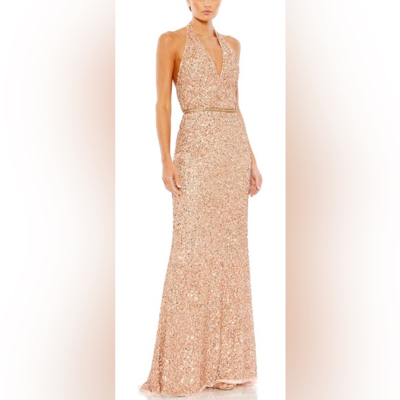 Mac Duggal Dresses & Skirts - Mac Duggal Rose Gold Sequin Halter Evening Gown